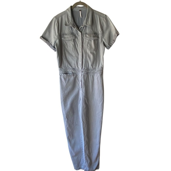 YFB Every Jumpsuit Denim Light Blue Short Sleeve Casual Button Down Tencel SZ M - Picture 1 of 9